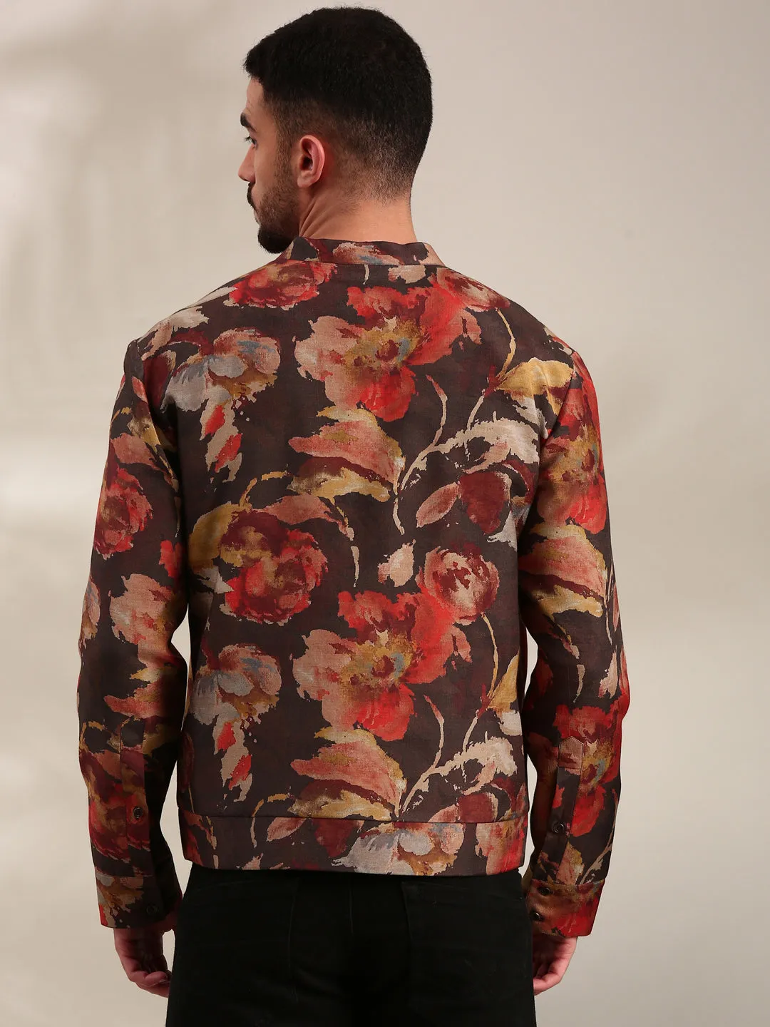 Brown Printed Silk Muslin Bomber Jacket - MMBJ031