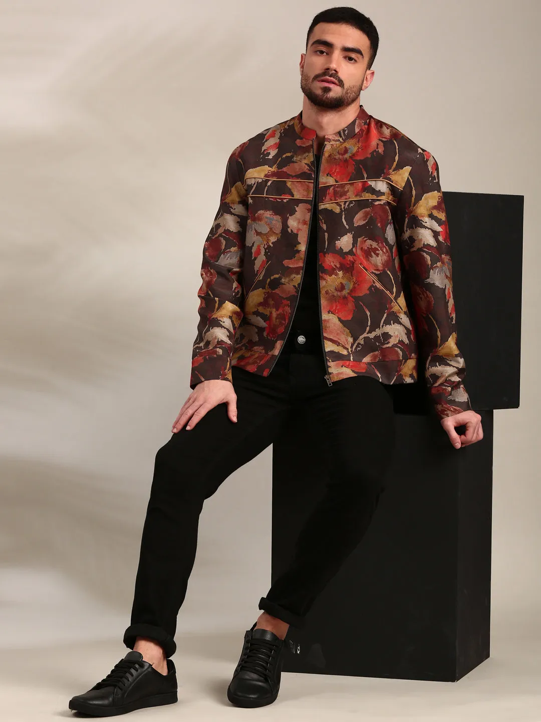 Brown Printed Silk Muslin Bomber Jacket - MMBJ031