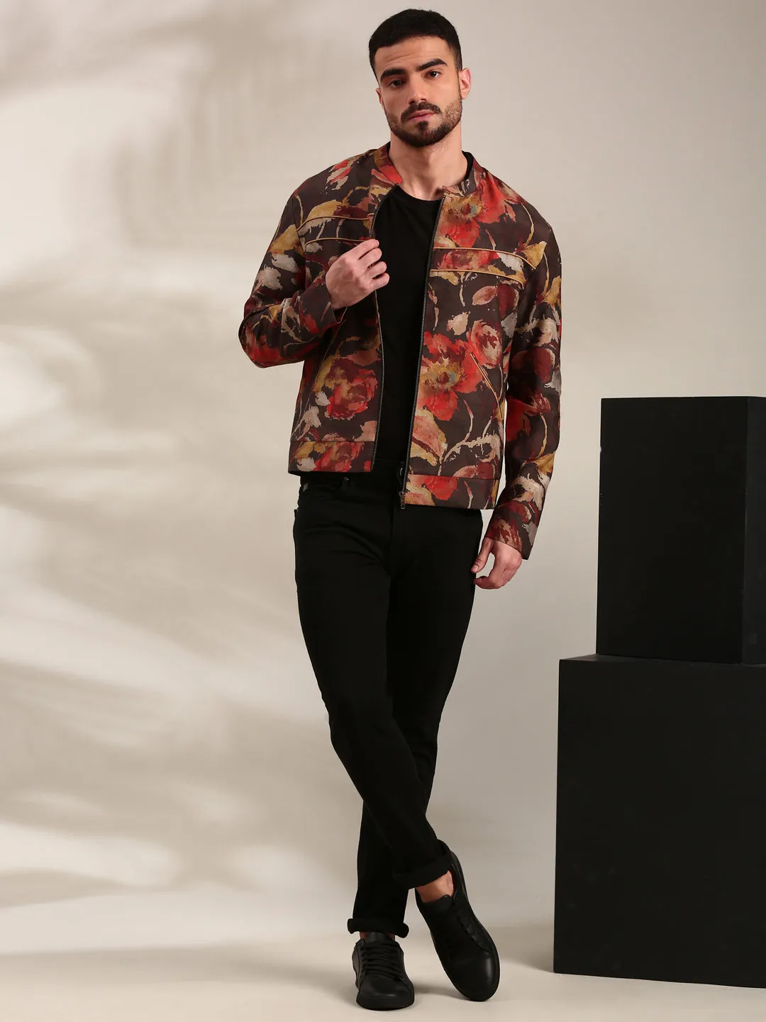 Brown Printed Silk Muslin Bomber Jacket - MMBJ031