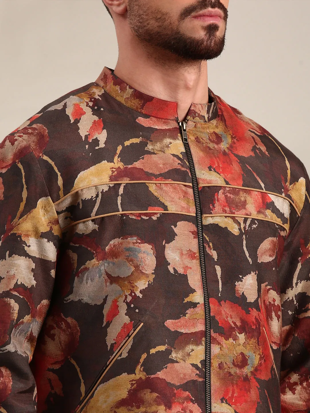 Brown Printed Silk Muslin Bomber Jacket - MMBJ031