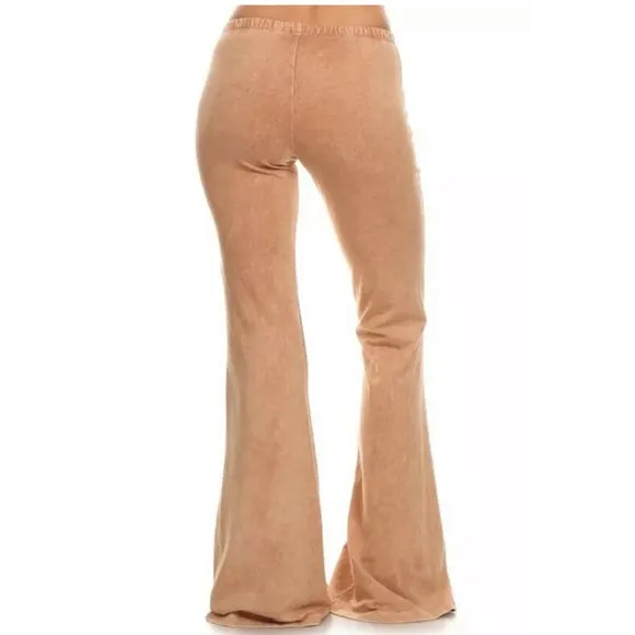 Camel Boho Mineral Wash Flared Stretch Pants Casual Womens