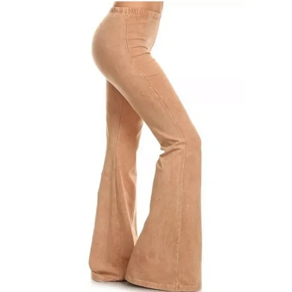 Camel Boho Mineral Wash Flared Stretch Pants Casual Womens