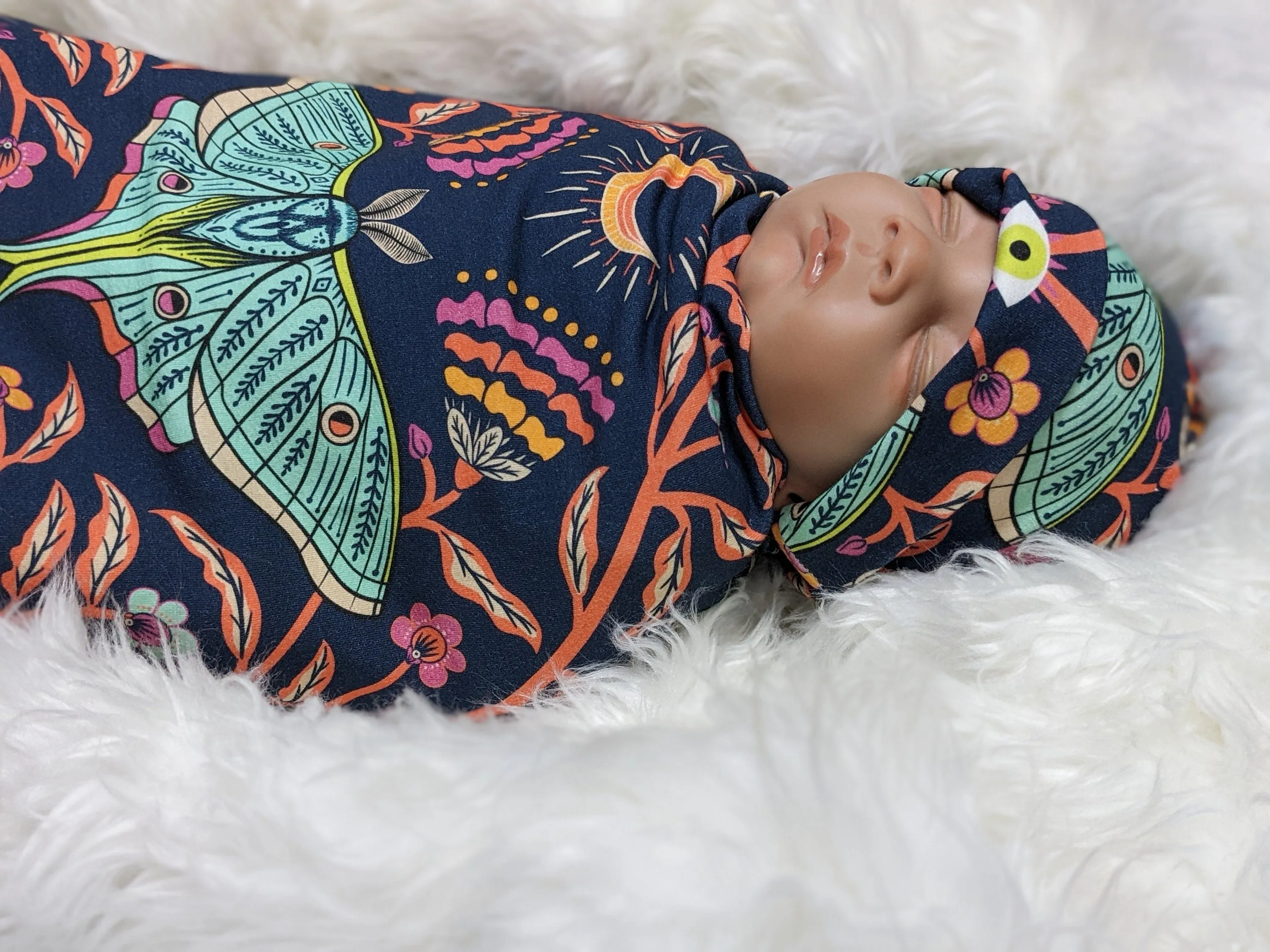 Celestial Moon Moth Swaddle and Hat Set for Your Witchy Baby - Mystical Floral Design with Seeing Eye Detail - Goth Nursery Decor