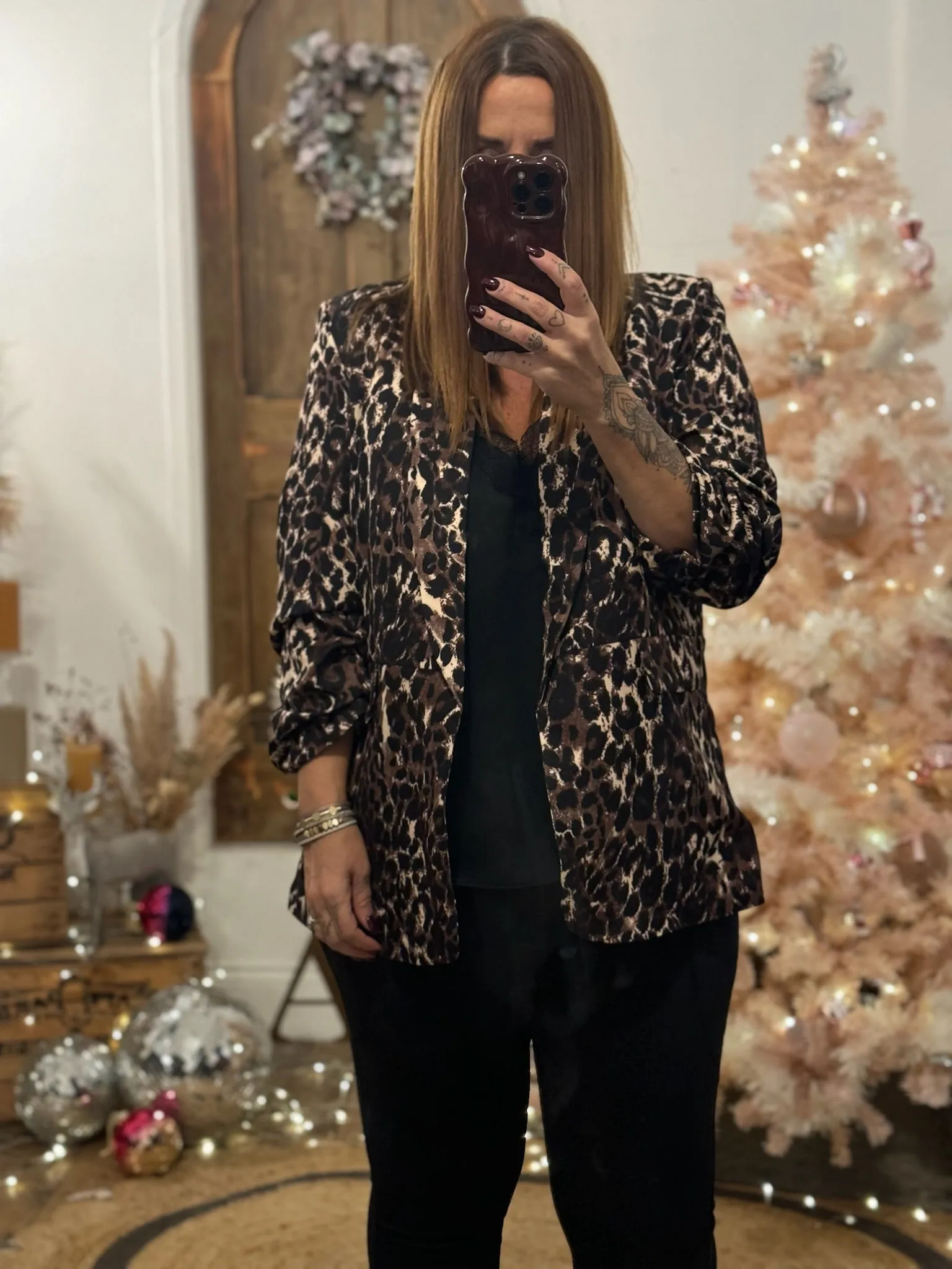 Chocolate Leopard Print Ruched Sleeve Blazer