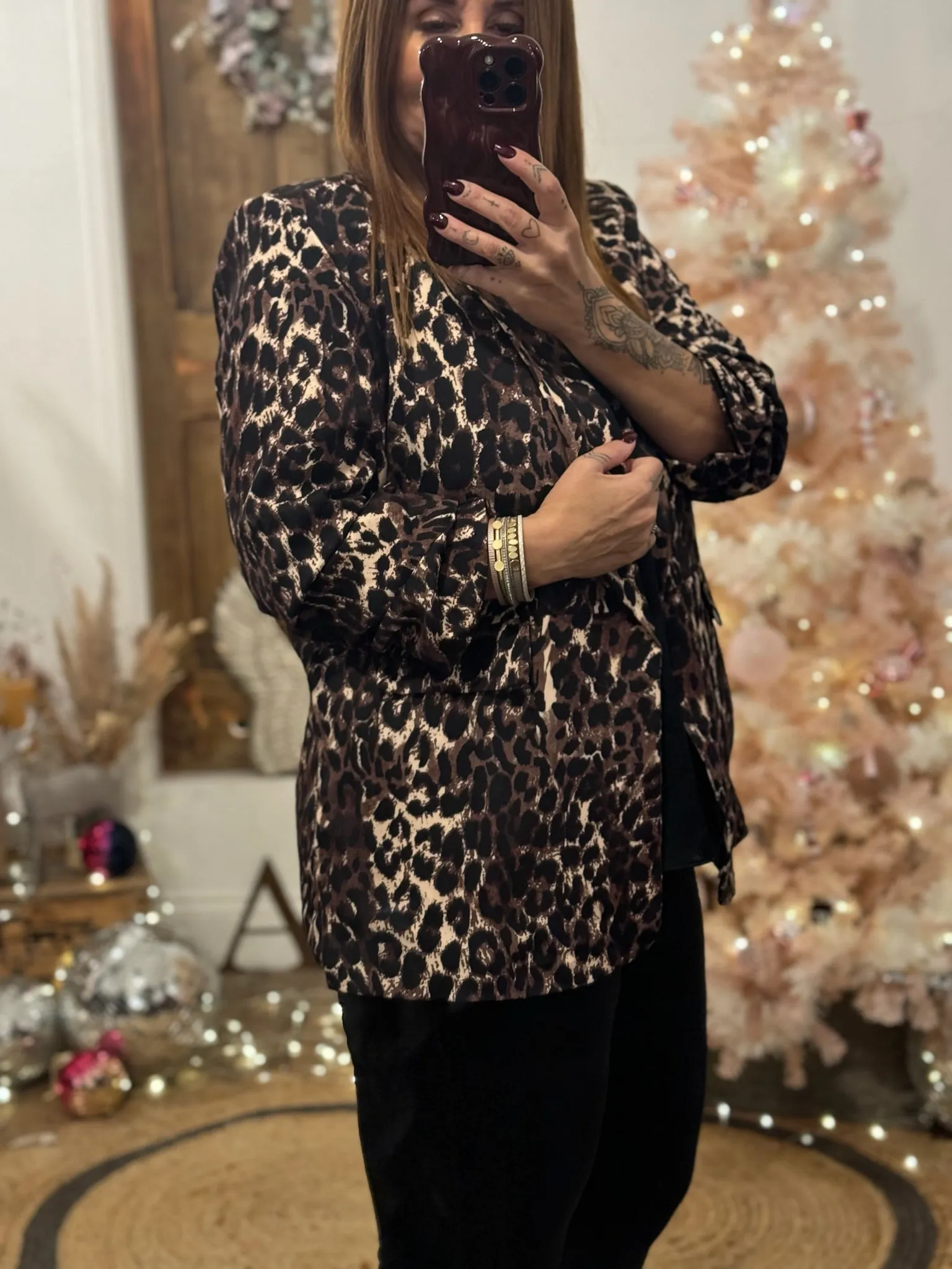 Chocolate Leopard Print Ruched Sleeve Blazer