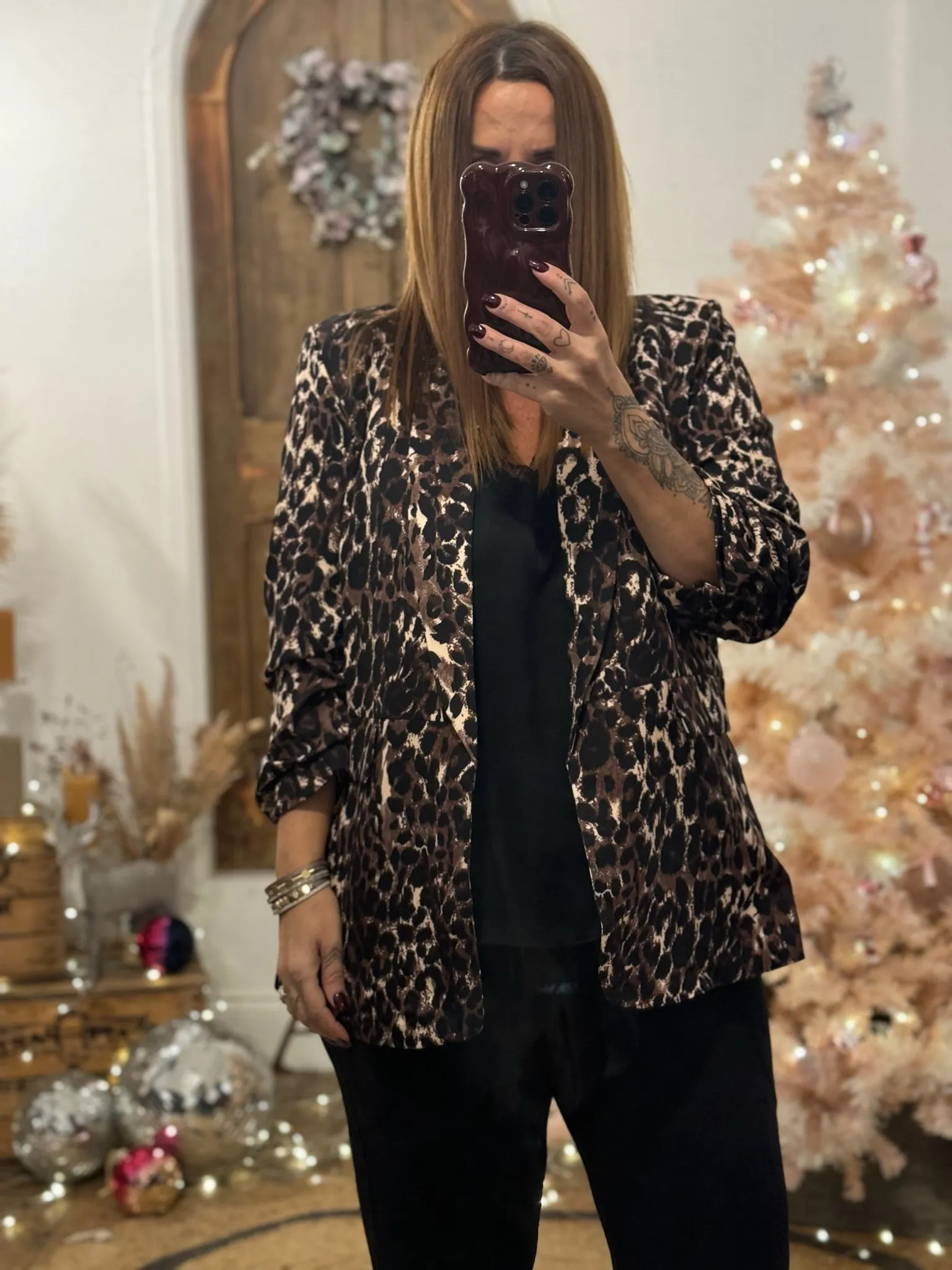 Chocolate Leopard Print Ruched Sleeve Blazer