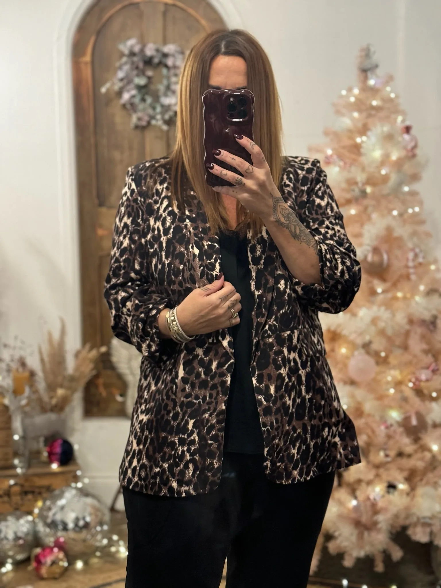 Chocolate Leopard Print Ruched Sleeve Blazer