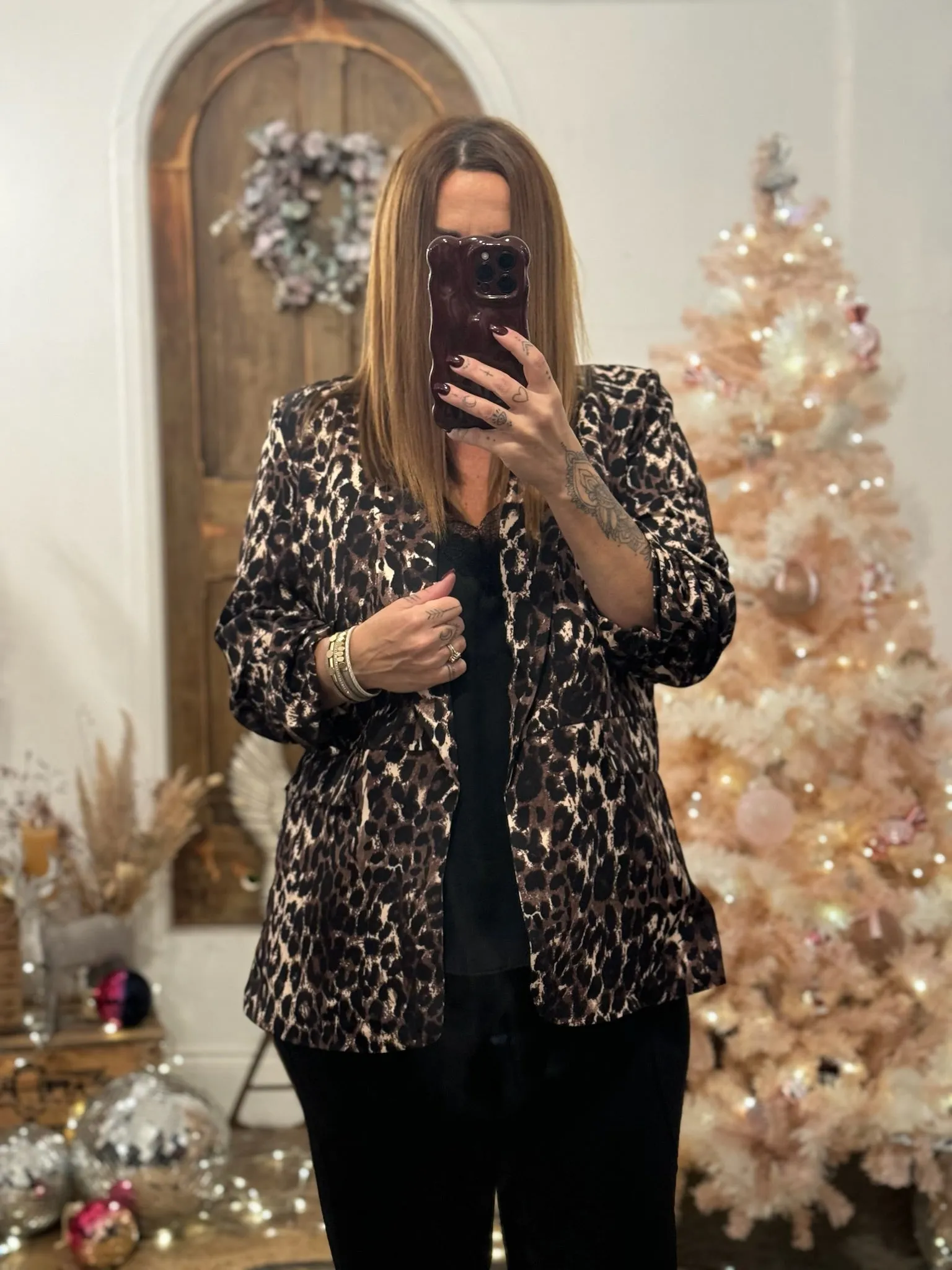 Chocolate Leopard Print Ruched Sleeve Blazer