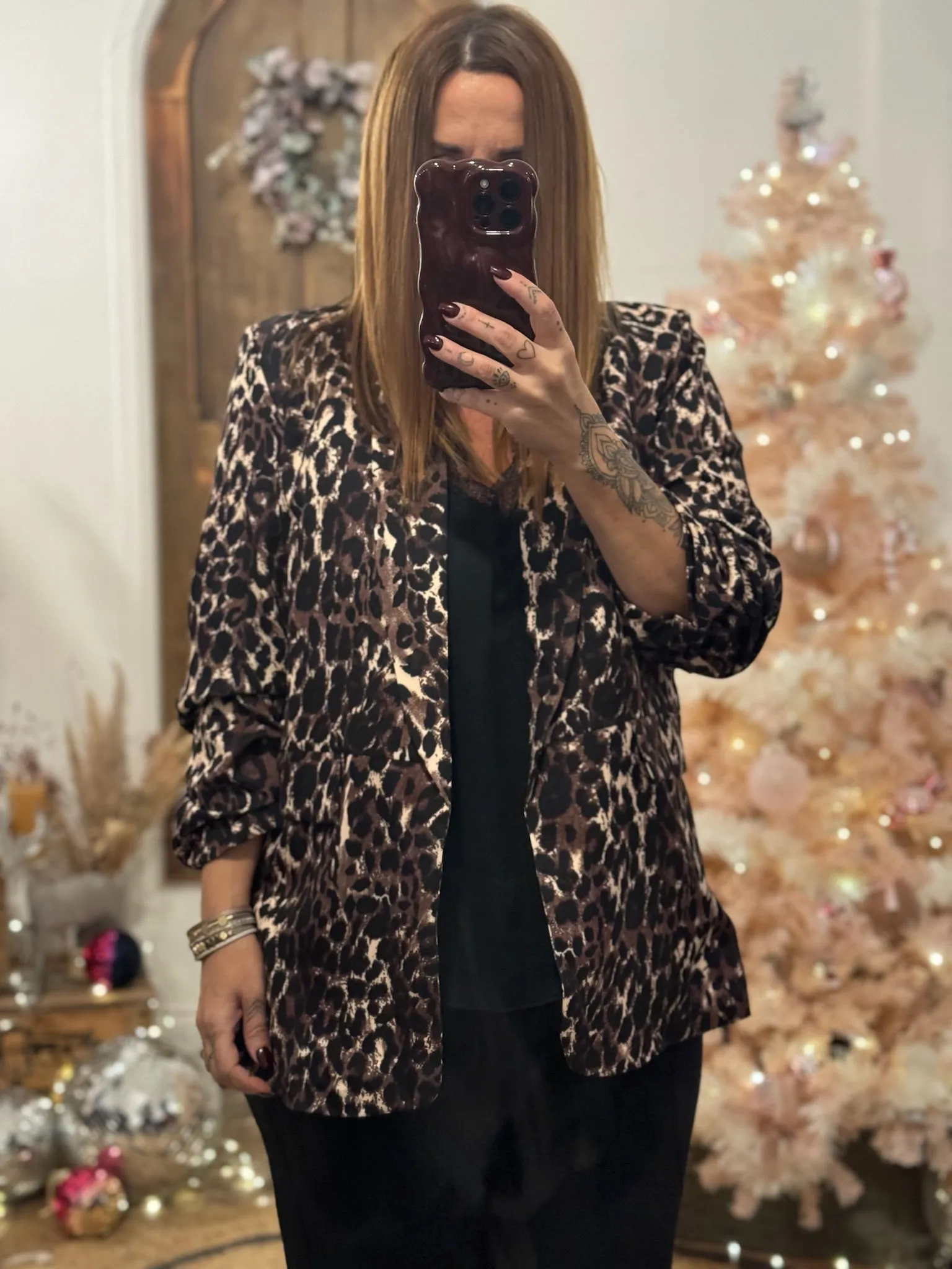 Chocolate Leopard Print Ruched Sleeve Blazer