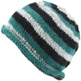 Chunky Wool Knit Beanie Hat with Rolled Brim - Green