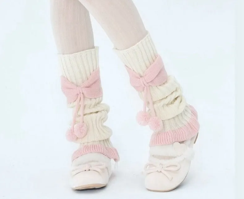 Cozy Pink Ribbed Bow Leg Warmers