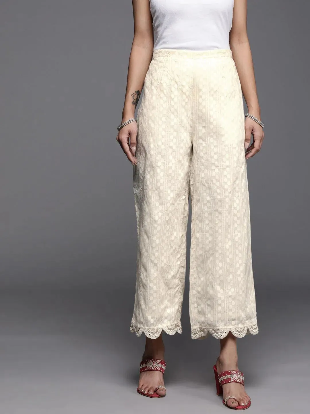 Cream Self Design Cotton Palazzos