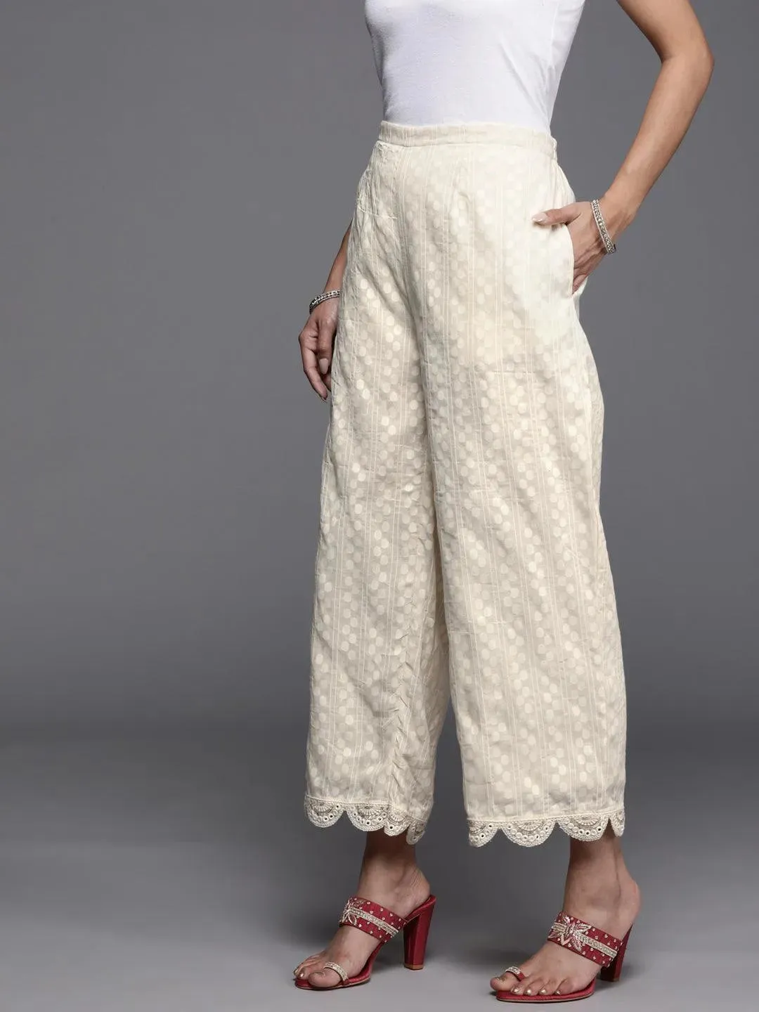 Cream Self Design Cotton Palazzos