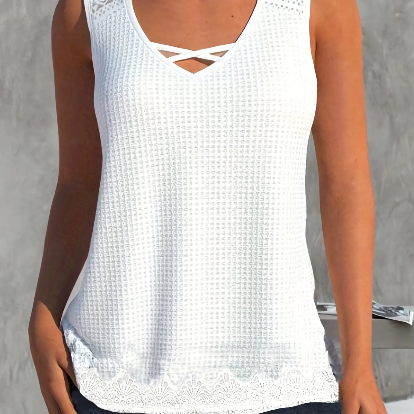 Curvy Lace Waffle Tank Top with Criss Cross Detail