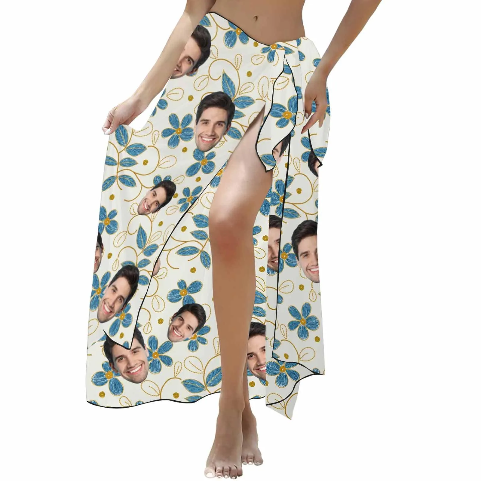 Custom Face Blue Flowers Long Sarongs Beach Wrap Personalized Bikini Cover Up