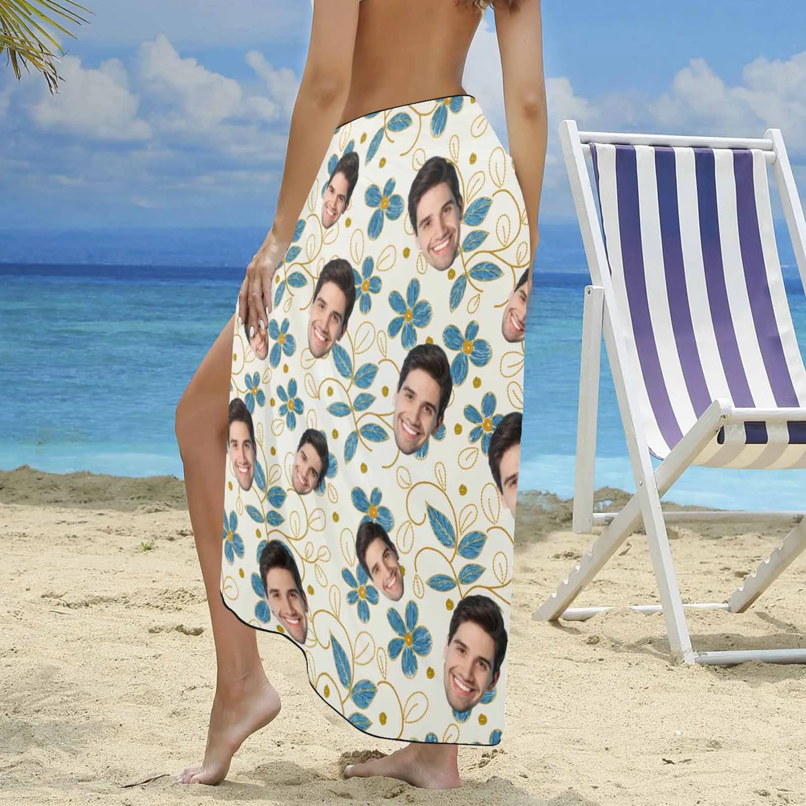 Custom Face Blue Flowers Long Sarongs Beach Wrap Personalized Bikini Cover Up