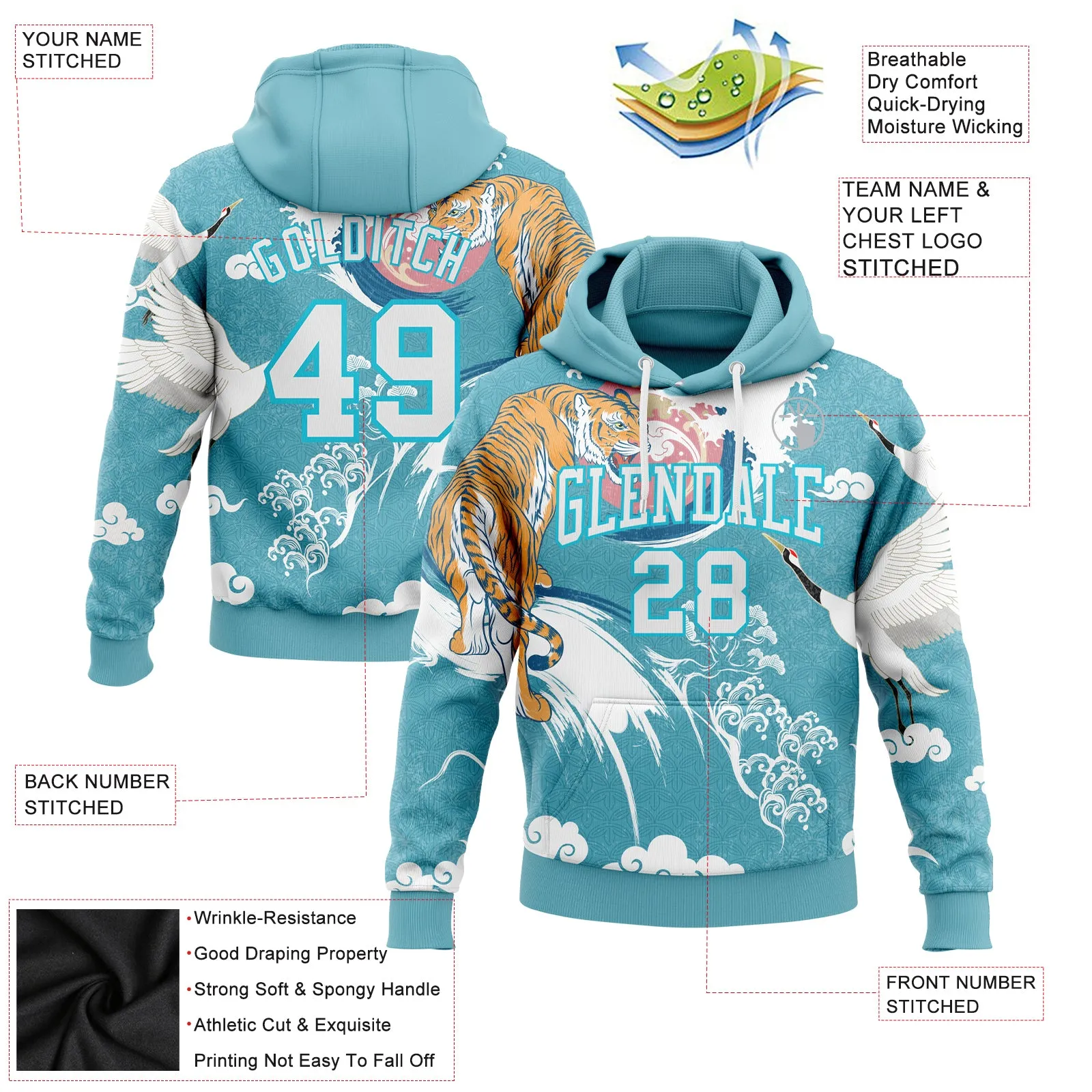 Custom Stitched Lakes Blue White 3D Pattern Design Crane And Tiger Sports Pullover Sweatshirt Hoodie