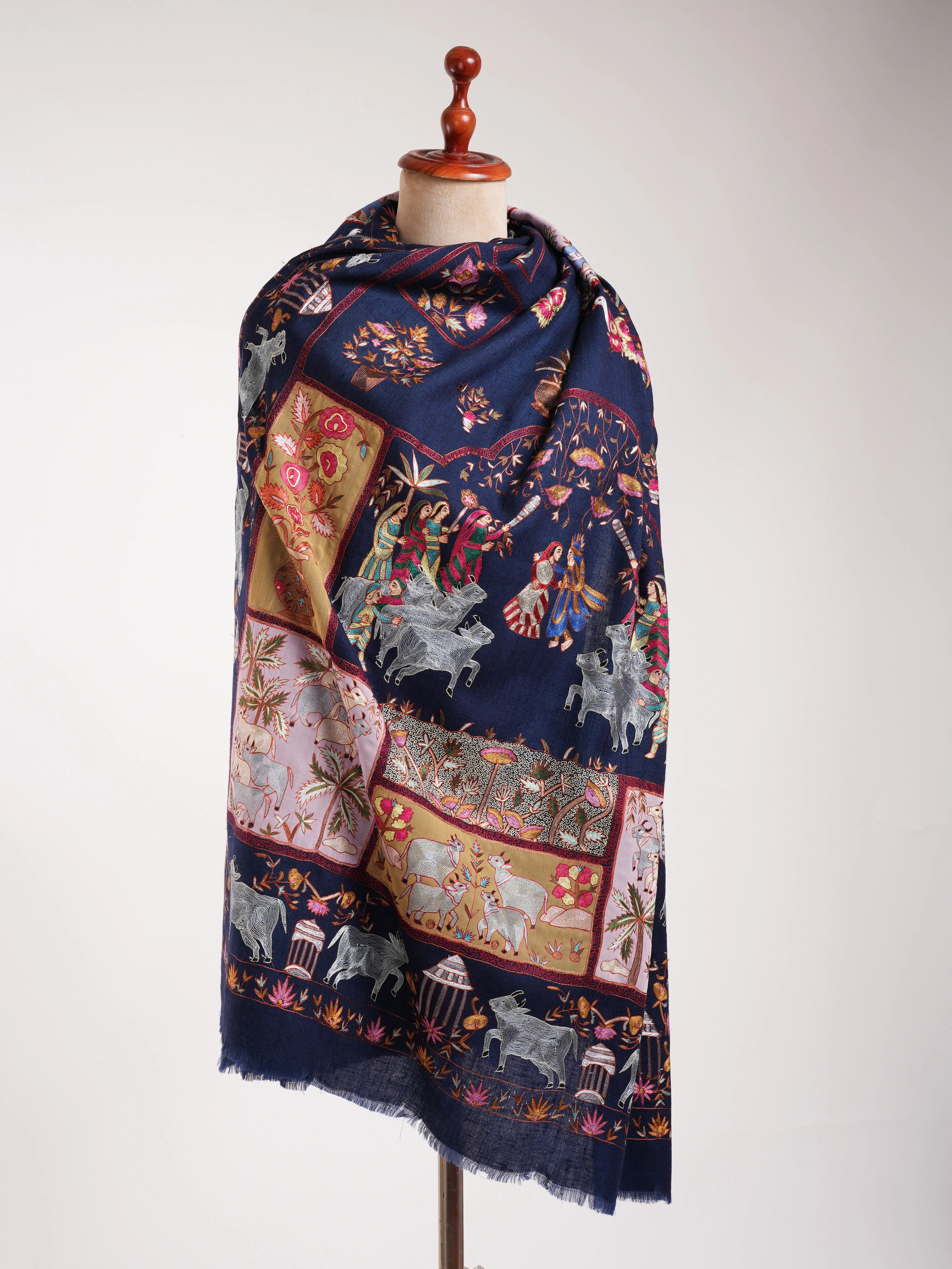 Dark Blue Hand Arty Silk Embroidered Indian Pashmina Shawl