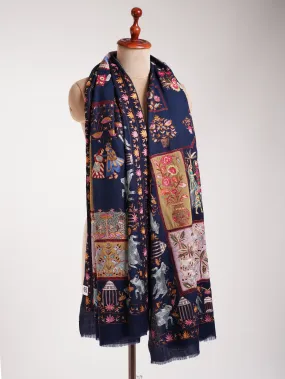 Dark Blue Hand Arty Silk Embroidered Indian Pashmina Shawl