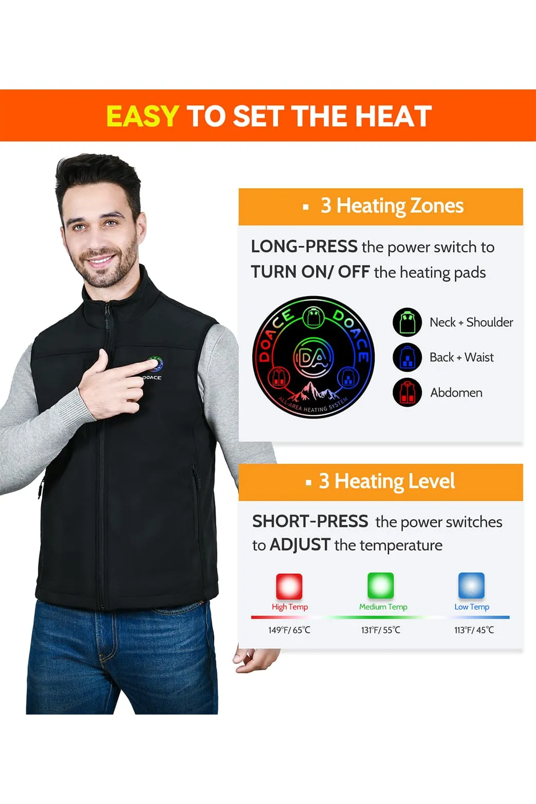 DOACE Wear  Heated Vest for Men & Women with APP Control(Battery Included)