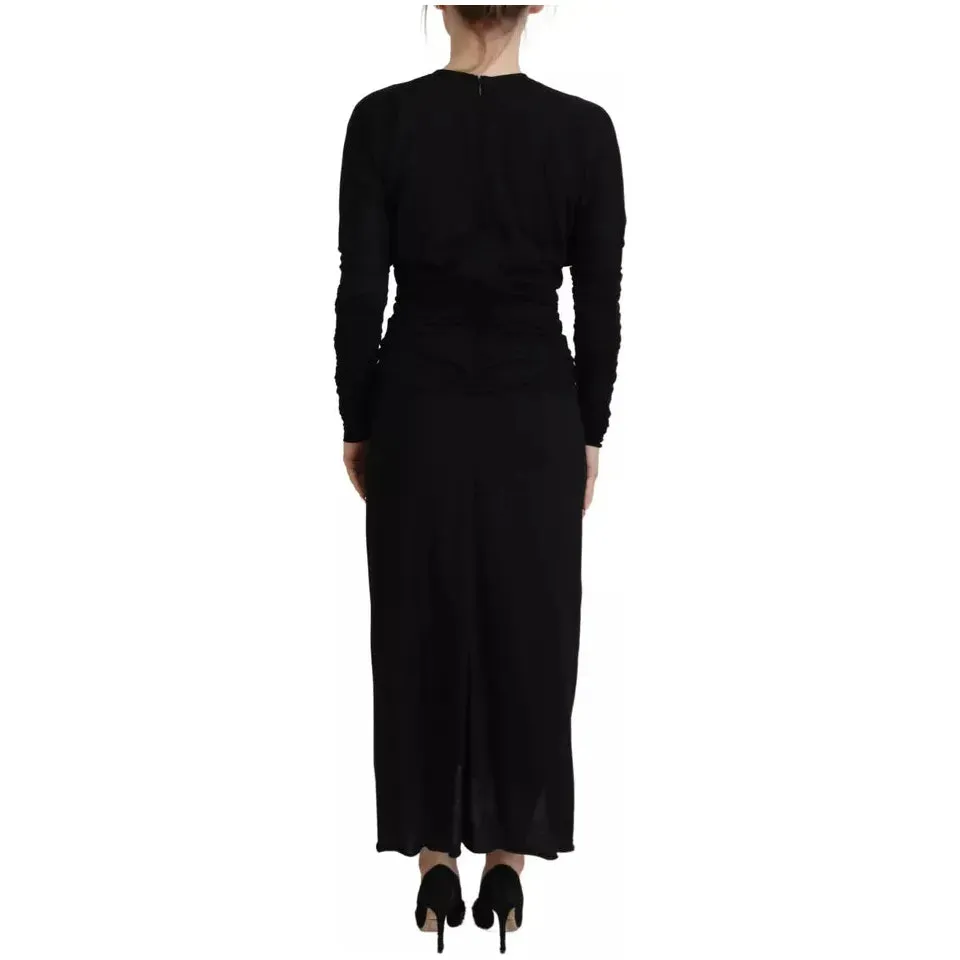 Dolce & Gabbana Black Sheath Midi Gown Wool Wrap Dress