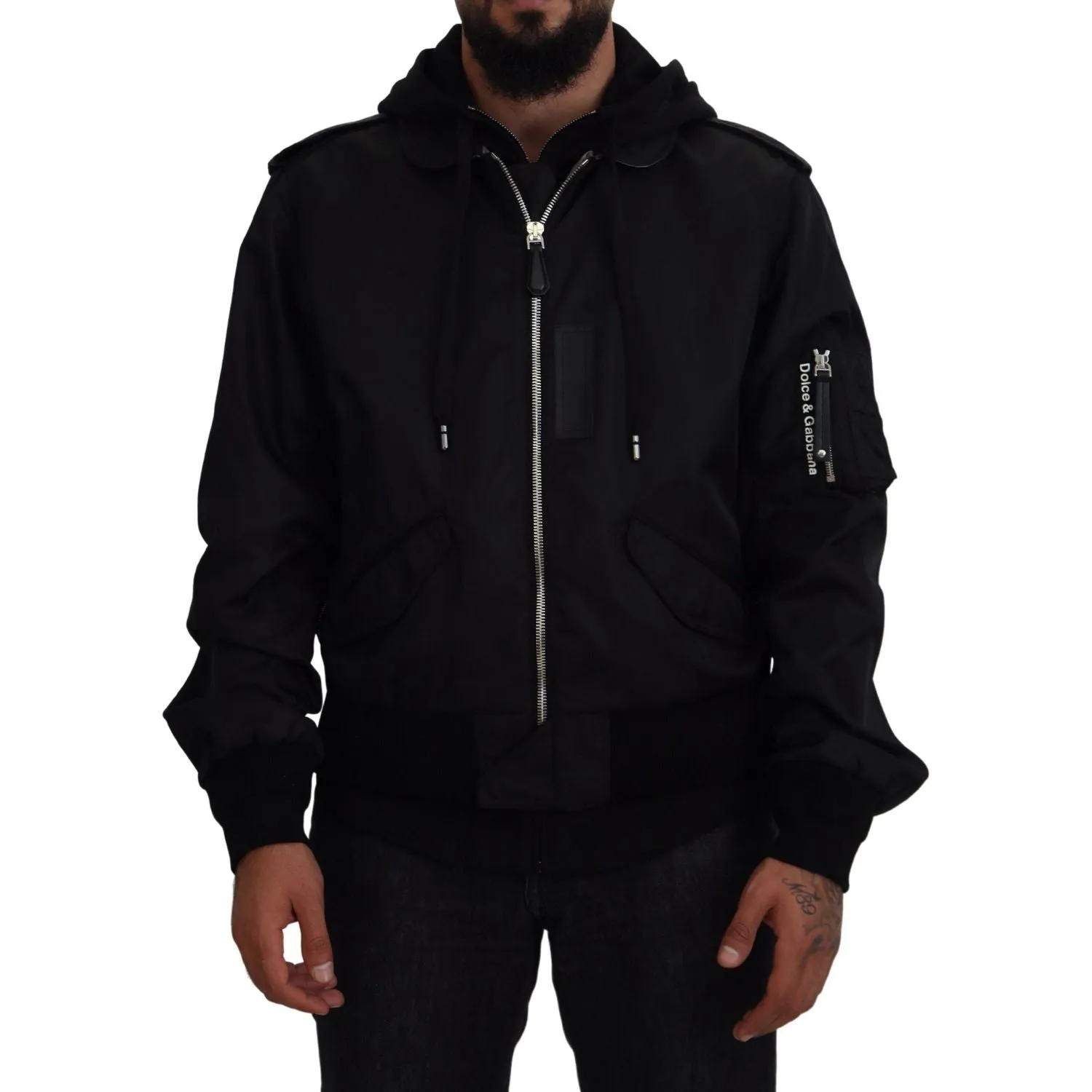 Dolce & Gabbana Sleek Black Hooded Bomber Jacket