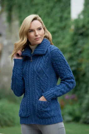 DOUBLE COLLAR ZIP MERINO ARAN CARDIGAN