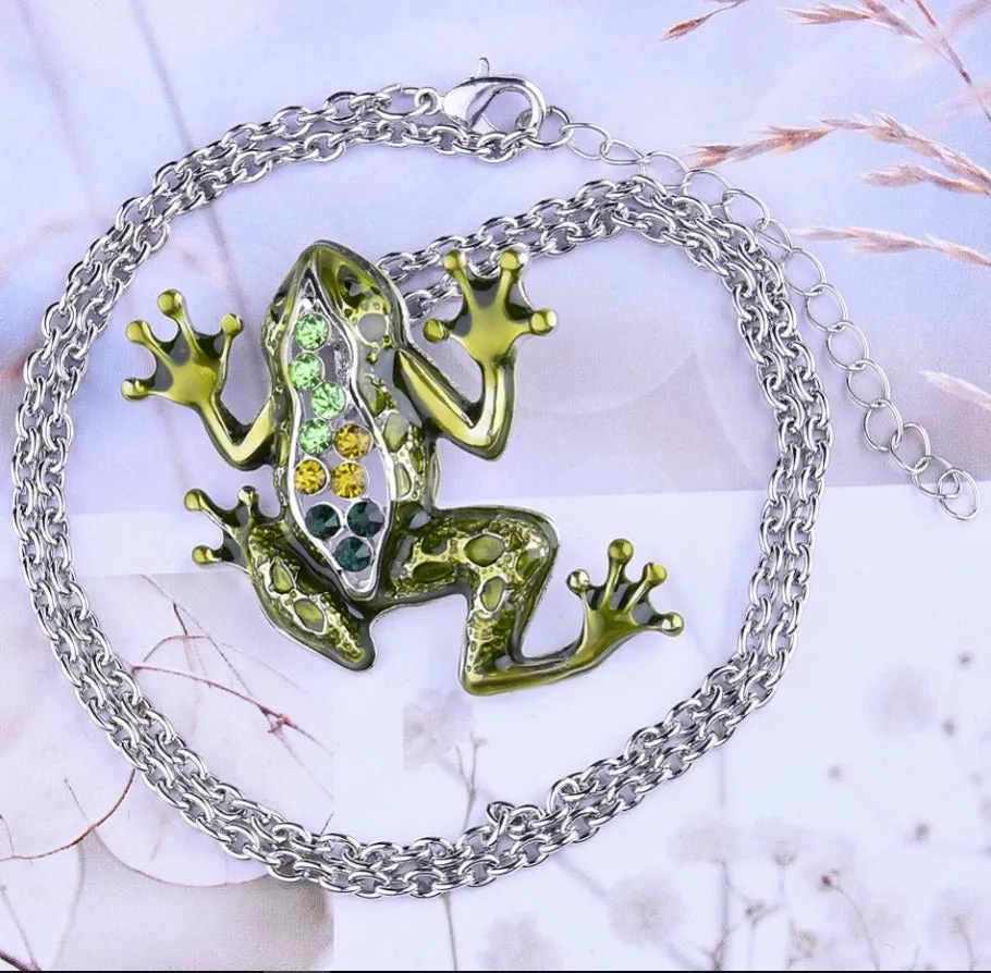 Fabulous Frog Enamel & CZ Pendant Necklace for Woman