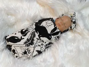 Fantasy Nursery Black  White Witchy Baby Swaddle  Hat Set with Bunny Bee and Crescent Moon Designs