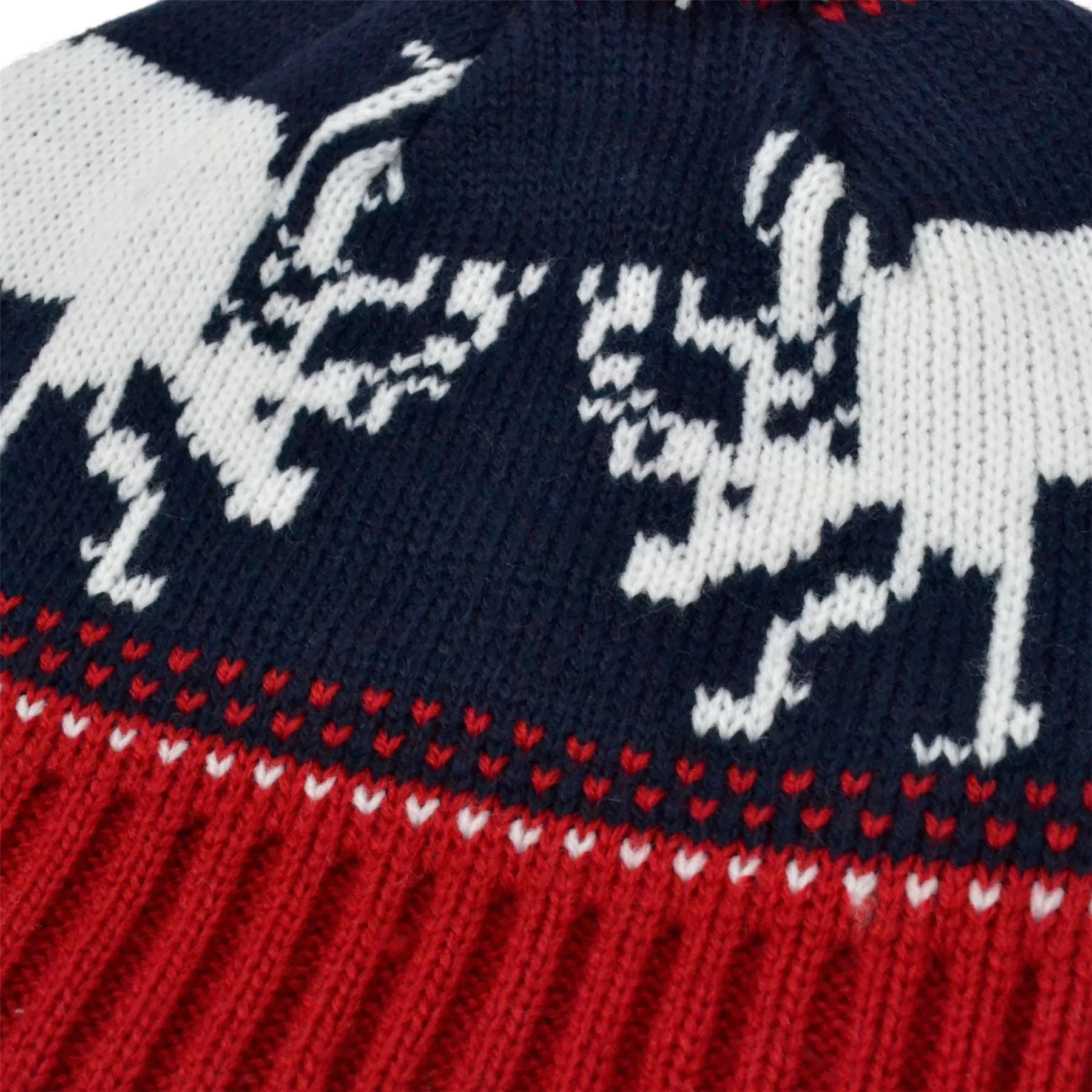 Fine knit beanie bobble hat with reindeer design - Blue & red