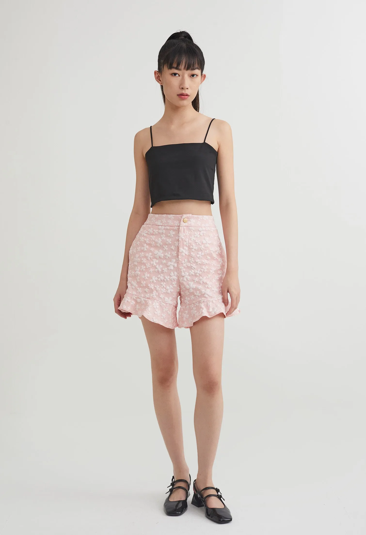 Floral Embossed Jacquared Flare Shorts