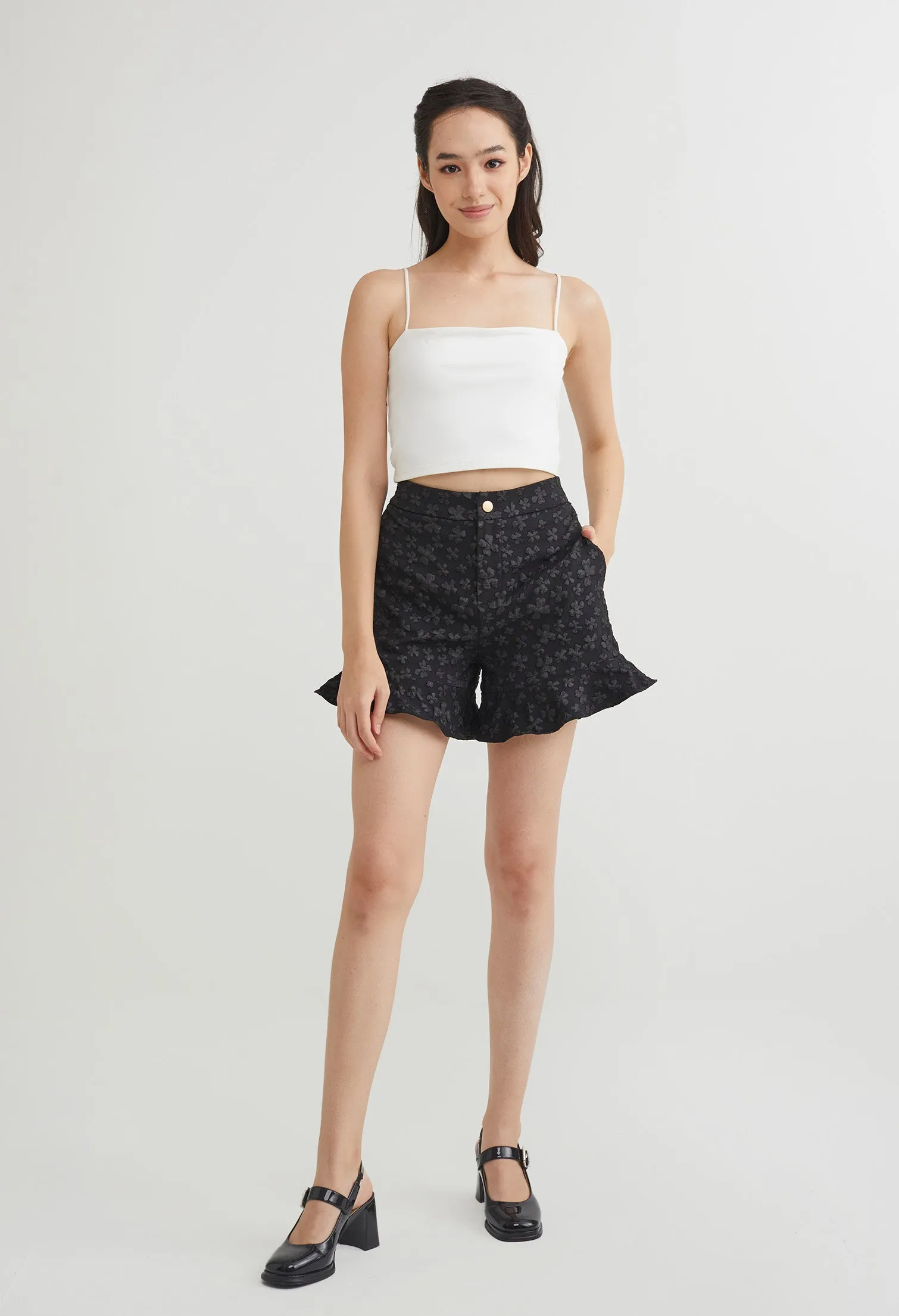 Floral Embossed Jacquared Flare Shorts