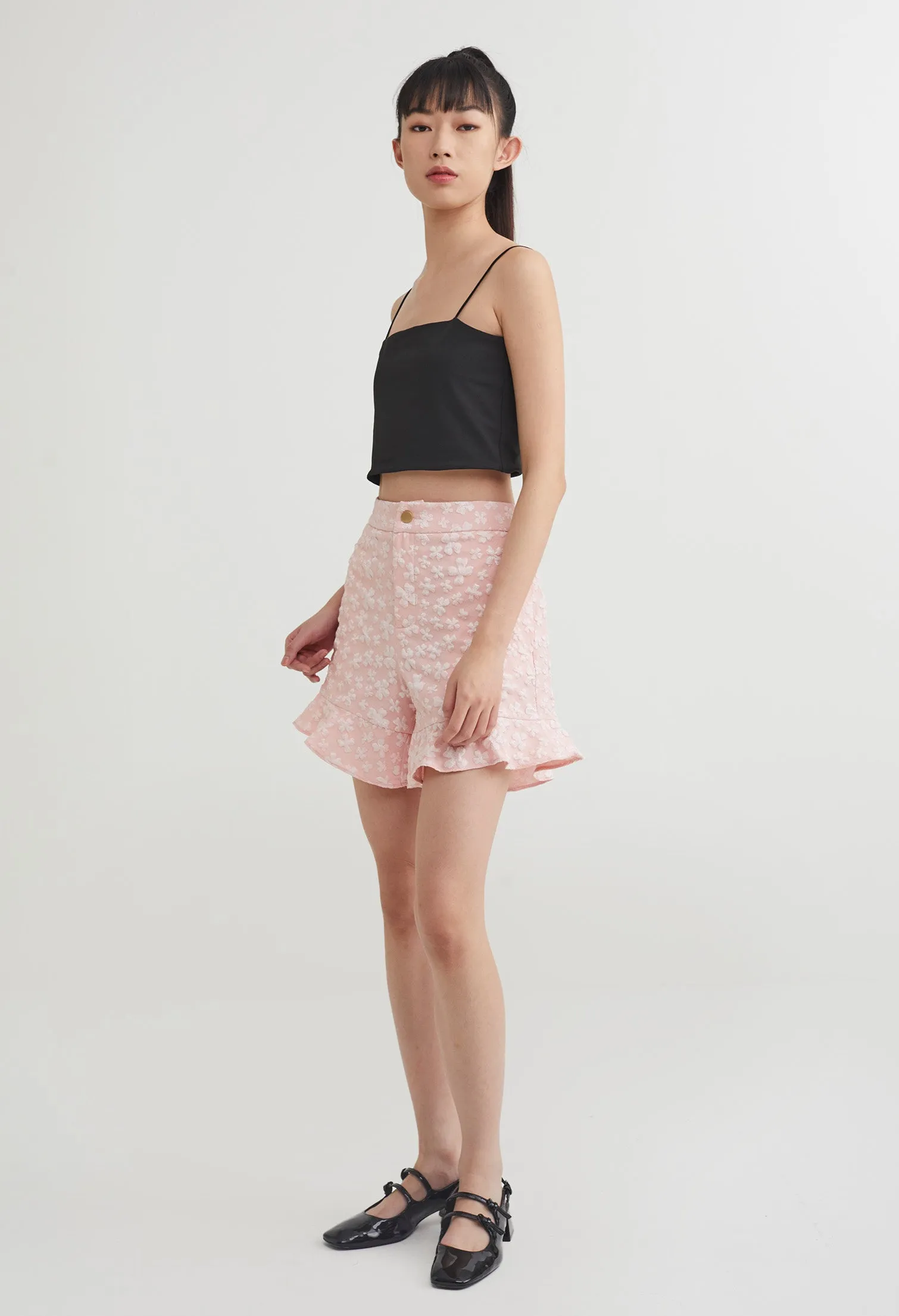 Floral Embossed Jacquared Flare Shorts