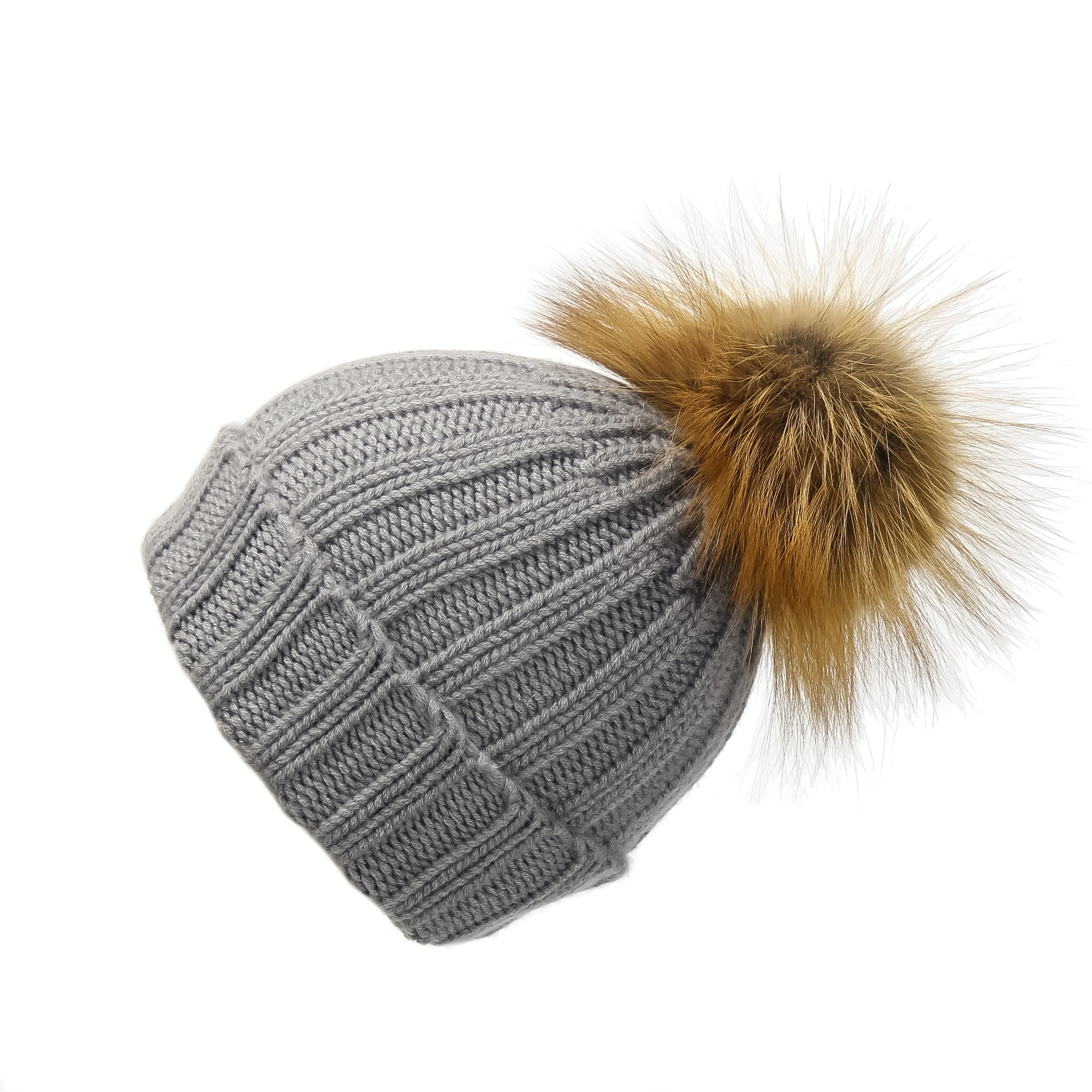 Fold-Over Grey Cashmere Hat with Light Caramel Pom-Pom