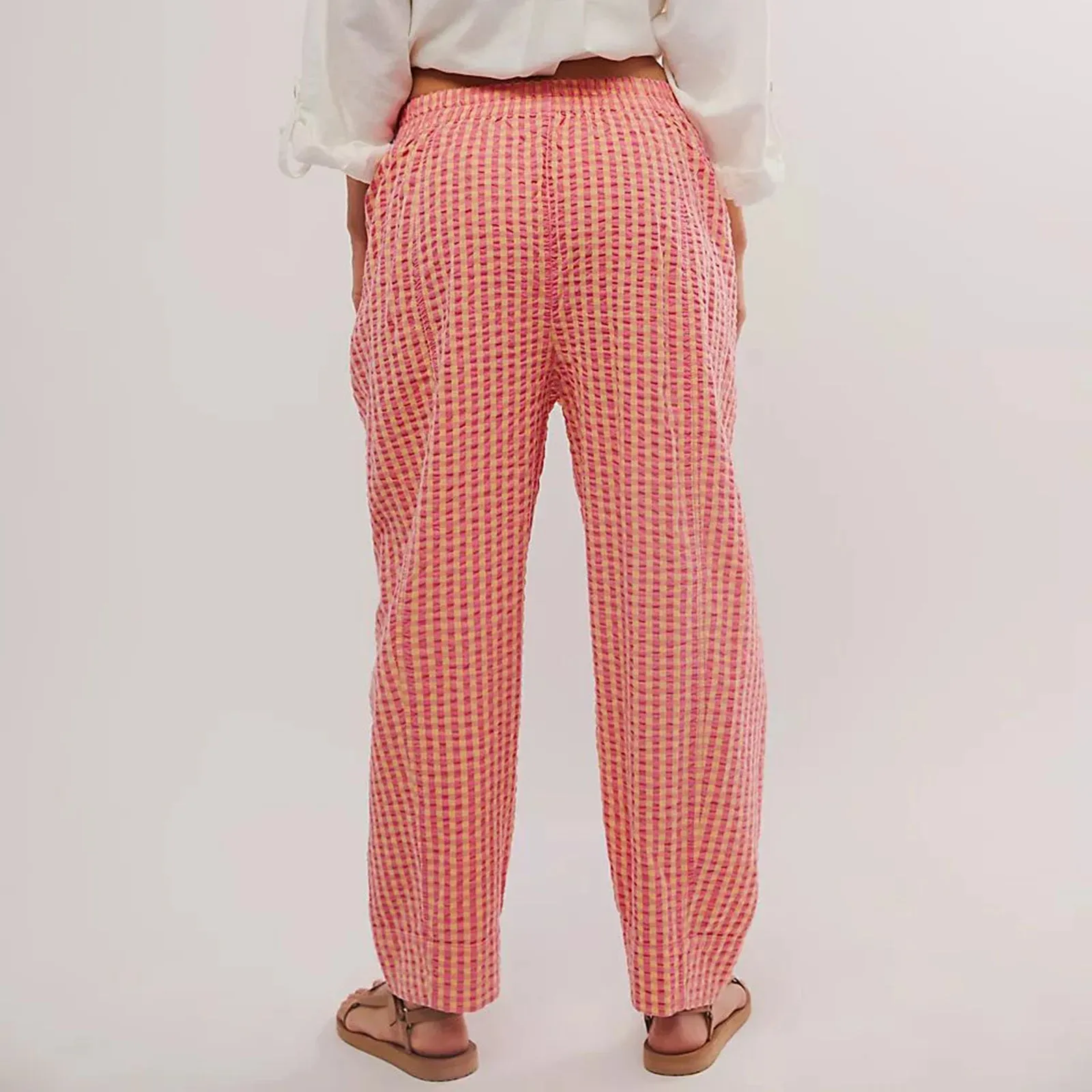 Gingham Wide Leg Plaid Drawstring Checked Loose Fit Casual Home Pants