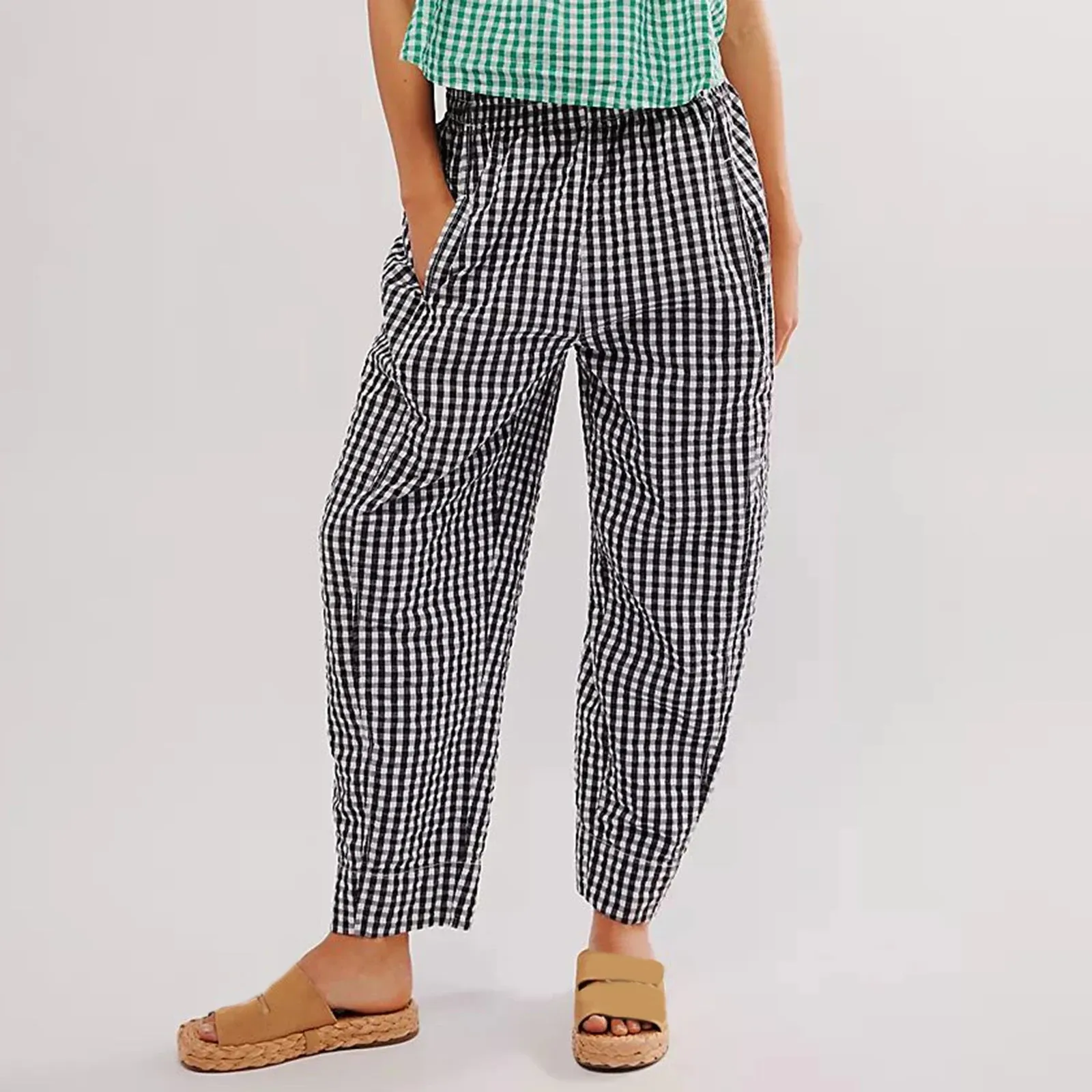 Gingham Wide Leg Plaid Drawstring Checked Loose Fit Casual Home Pants