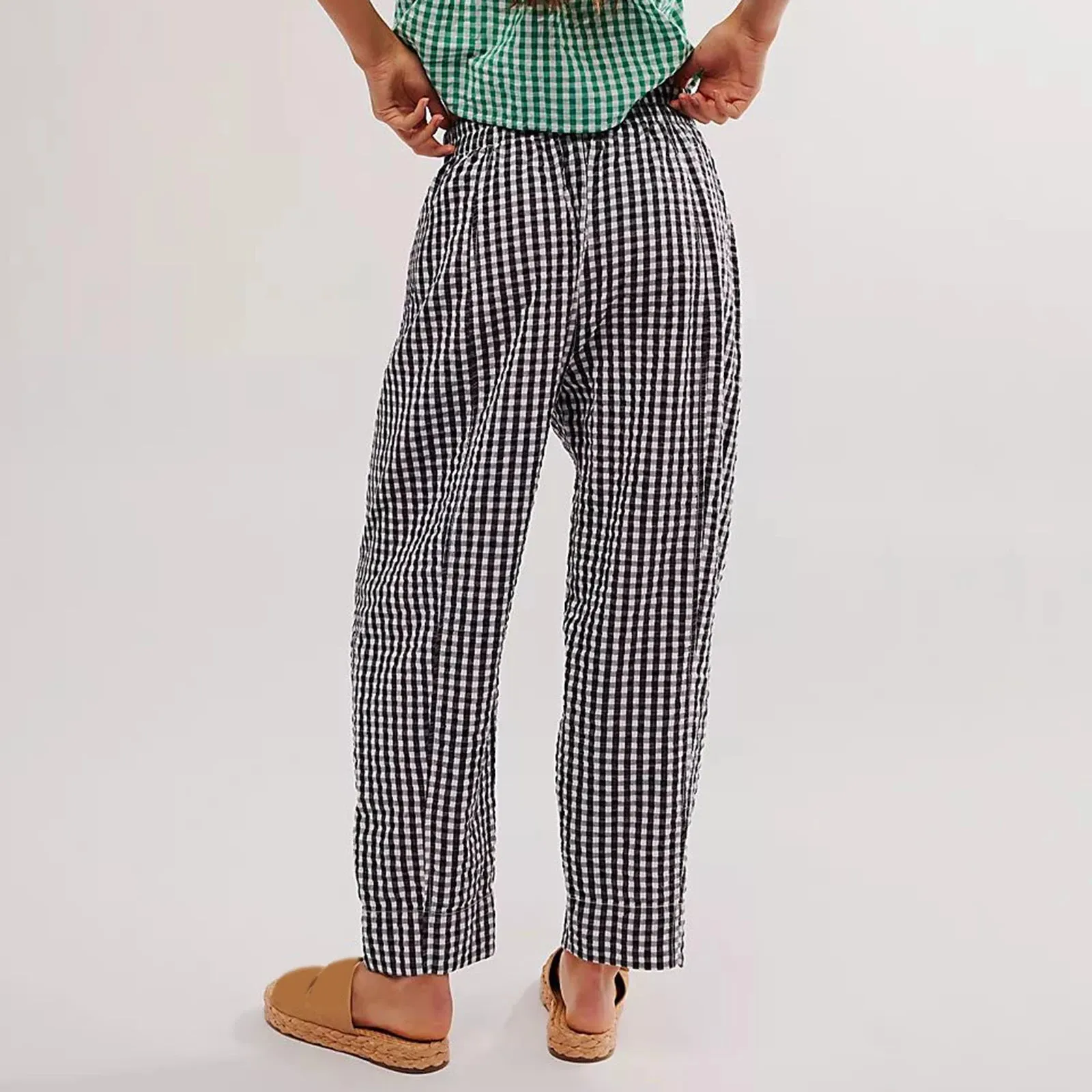 Gingham Wide Leg Plaid Drawstring Checked Loose Fit Casual Home Pants