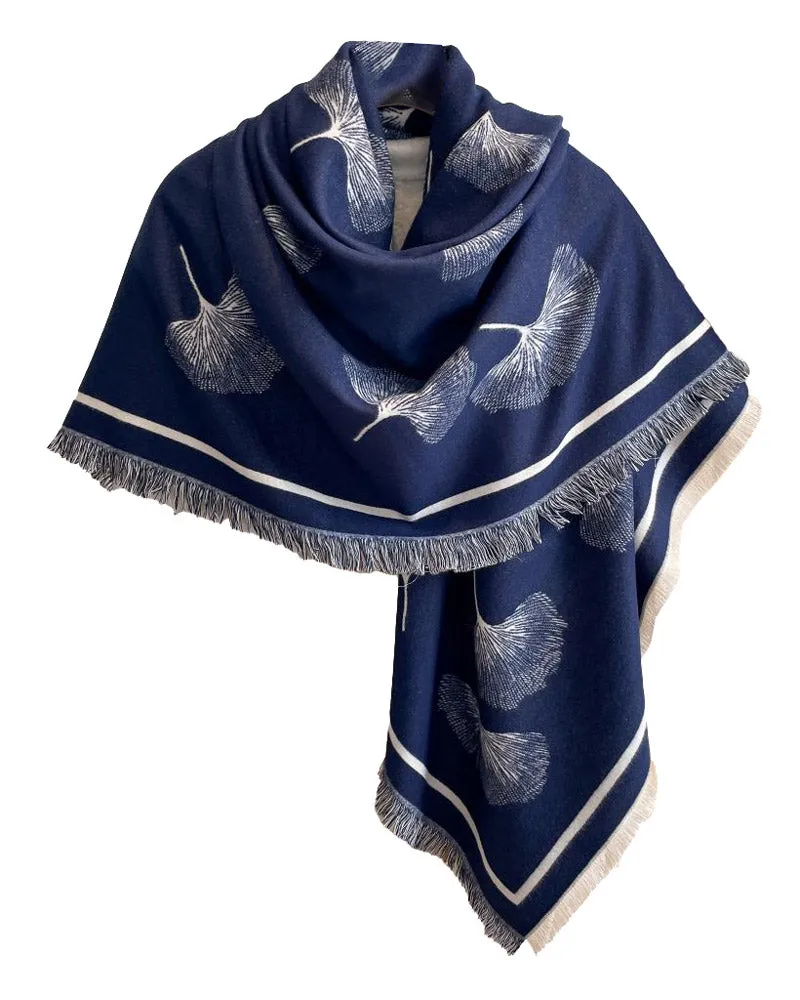 Ginkgo Square Reversible Navy & Cream Shawl Wrap