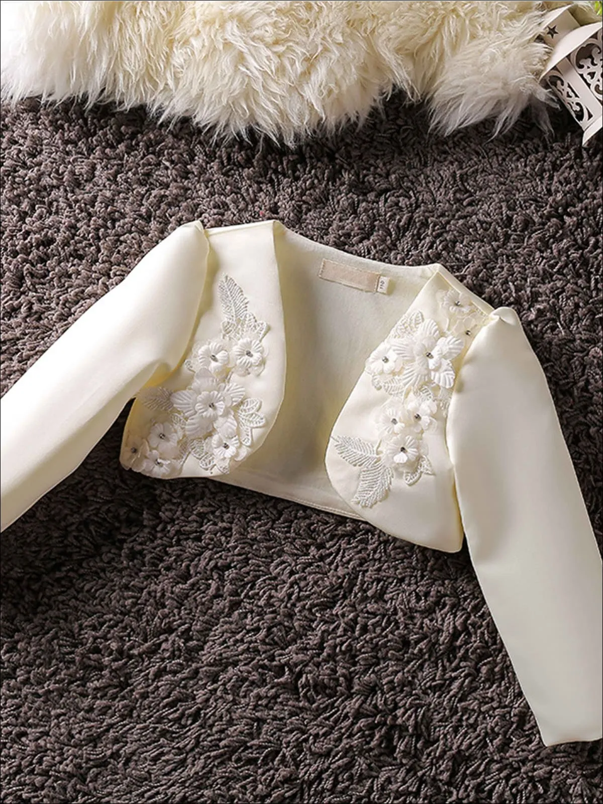 Girls 3D Flower Detail Satin Long Sleeve Bolero