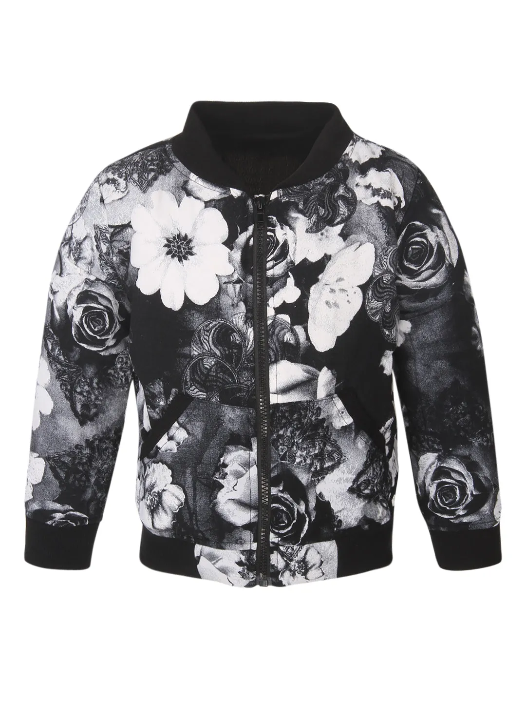 Girl's  Polyester Black Rose Printed Bomber Jacket - StyleStone Kid