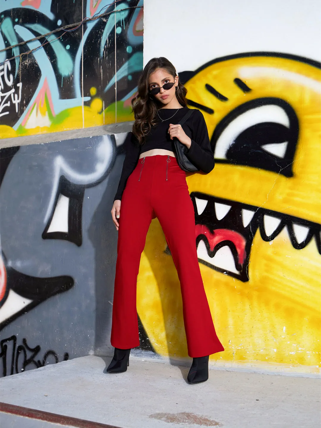 Girls Red Front Zipper Bell Bottom Pants