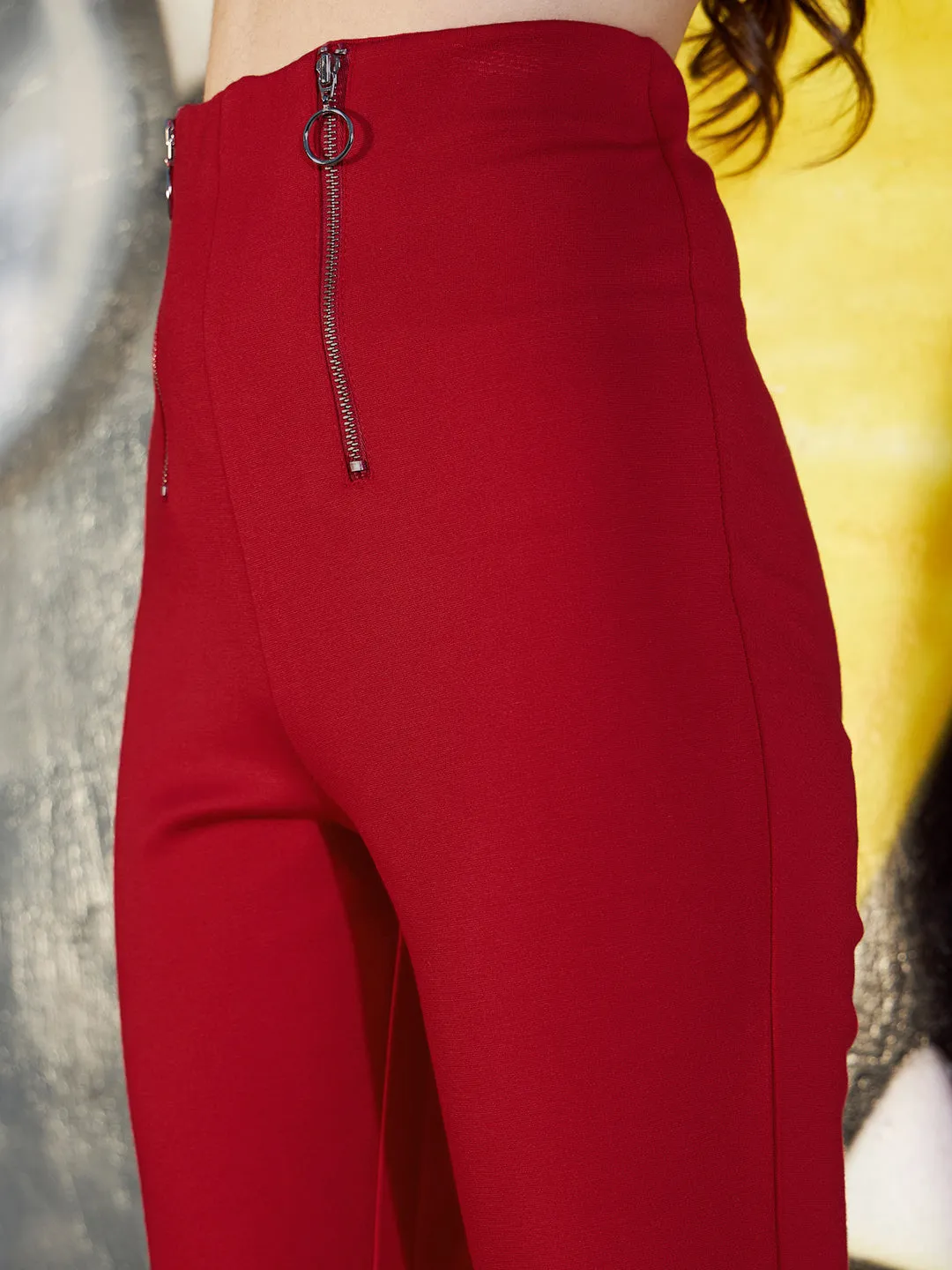 Girls Red Front Zipper Bell Bottom Pants