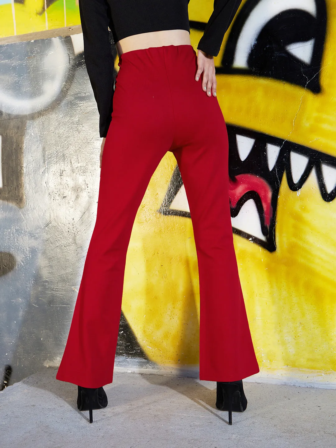 Girls Red Front Zipper Bell Bottom Pants