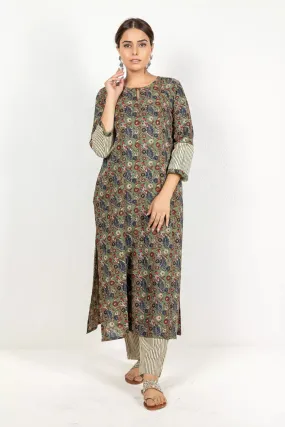 Green & Beige Kalamkari Kurta With Pants Set