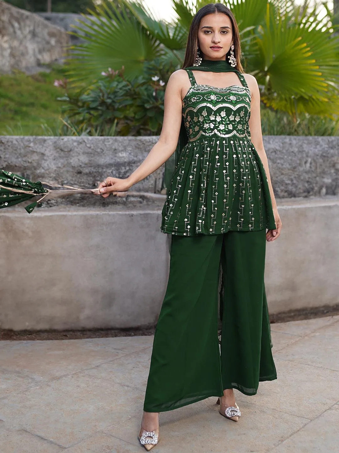 Green Embroidered Georgette A-Line Kurti With Palazzos & Dupatta