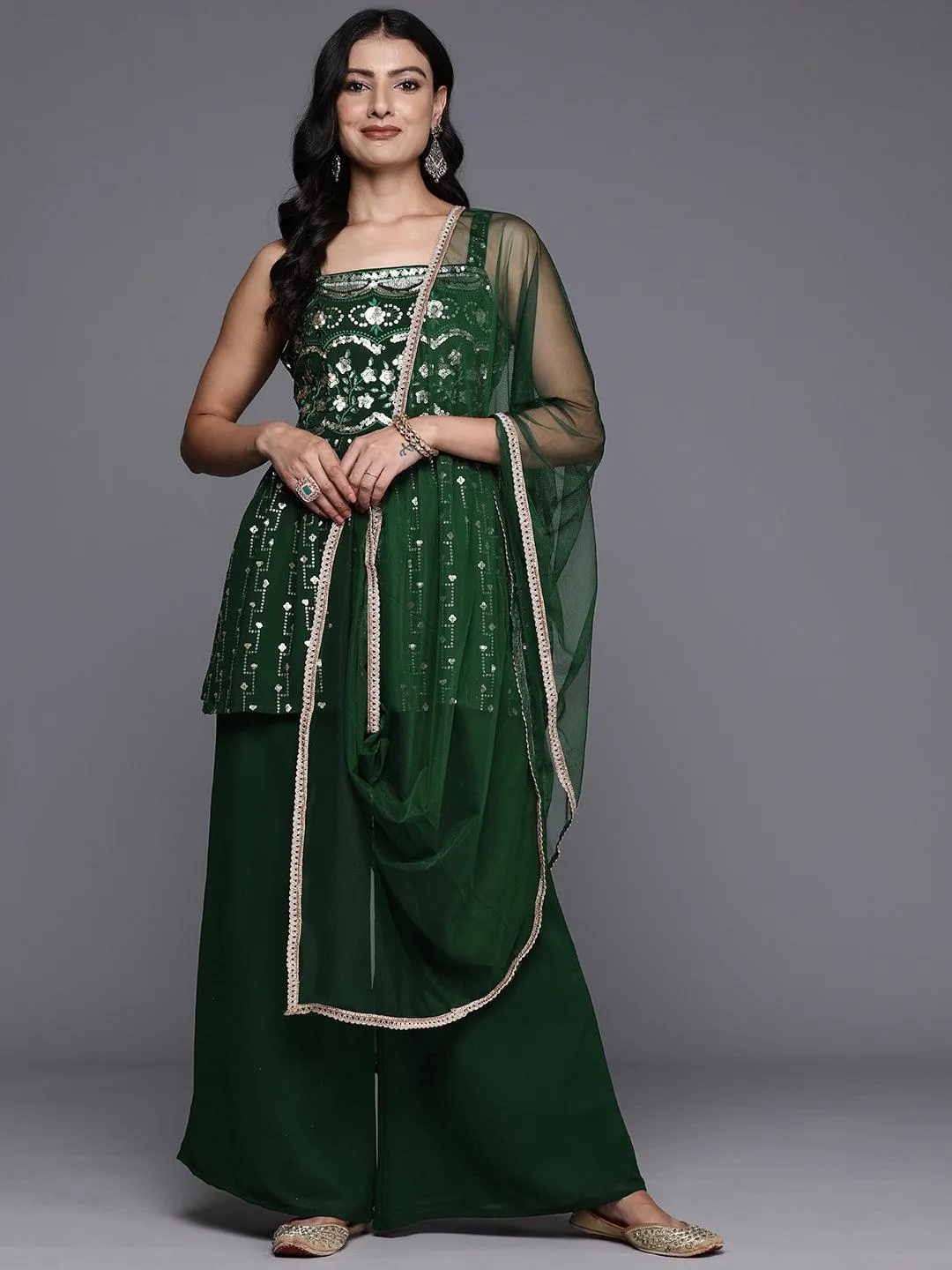 Green Embroidered Georgette A-Line Kurti With Palazzos & Dupatta