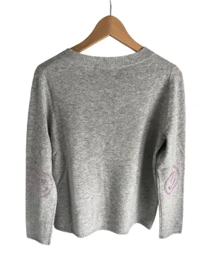 Grey boxy crew neck with pink diamante smiley face elbow patches