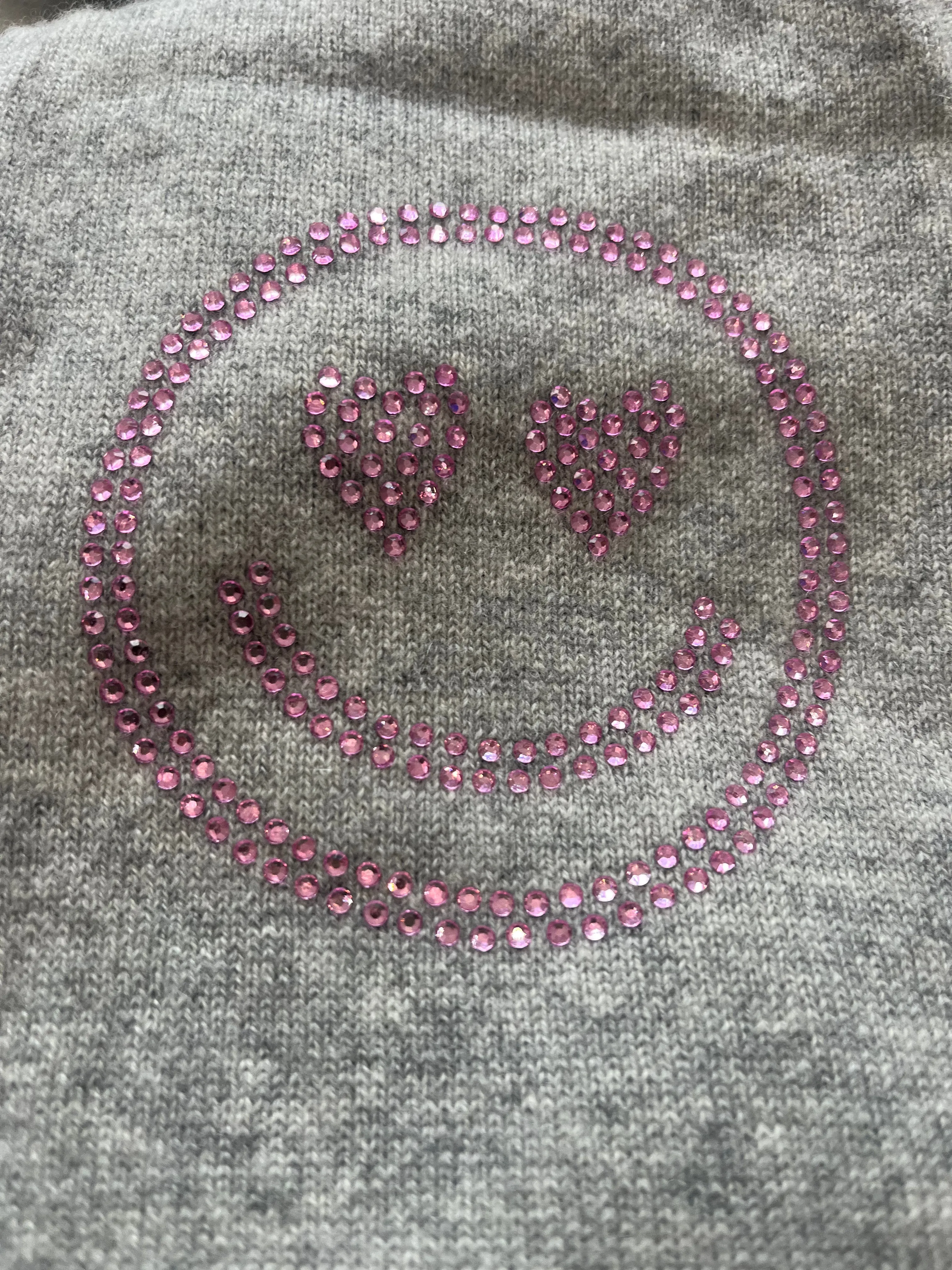 Grey boxy crew neck with pink diamante smiley face elbow patches