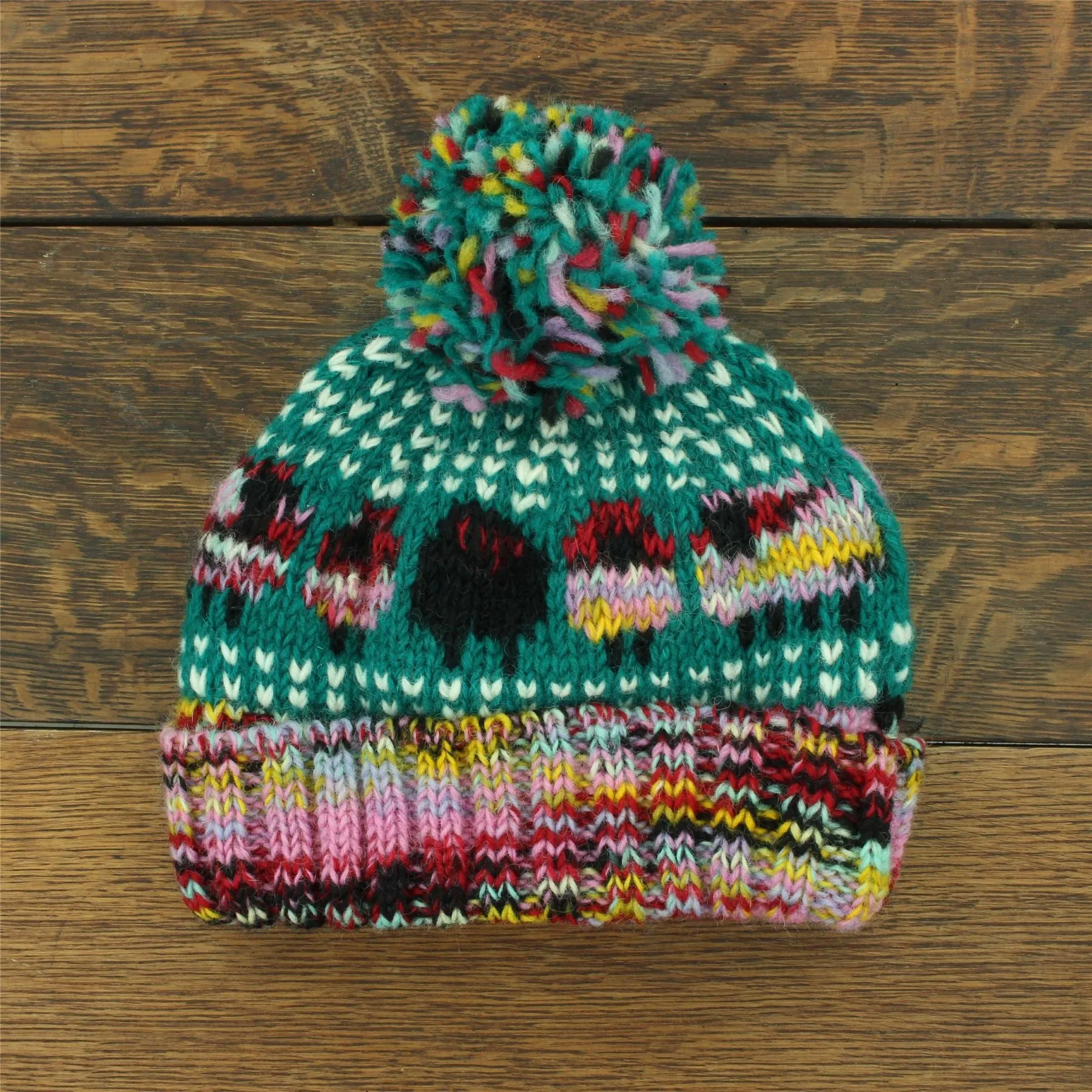 Hand Knitted Wool Beanie Bobble Hat - Sheep - Teal Pink SD