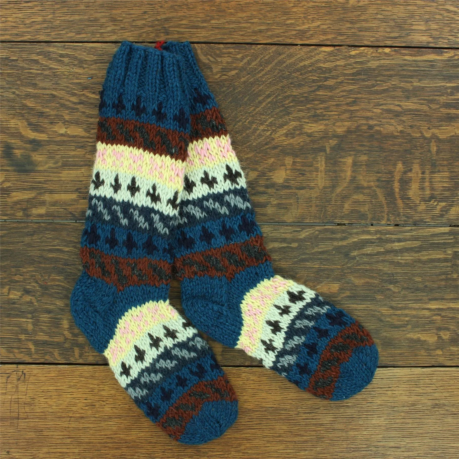 Hand Knitted Wool Long Socks - Stripe Navy Pink Pattern